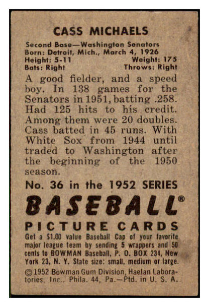 1952 Bowman Baseball #036 Cass Michaels Senators EX-MT 491024