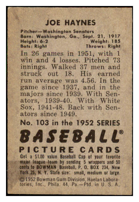 1952 Bowman Baseball #103 Joe Haynes Senators EX-MT 491083