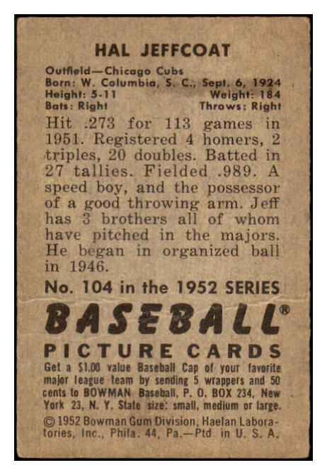 1952 Bowman Baseball #104 Hal Jeffcoat Cubs VG-EX 491085