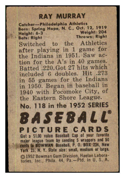 1952 Bowman Baseball #118 Ray Murray A's EX 491098