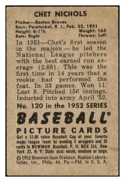 1952 Bowman Baseball #120 Chet Nichols Braves EX 491101