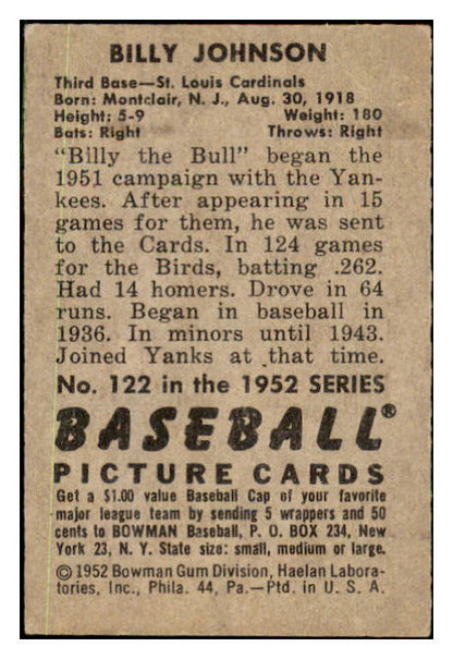 1952 Bowman Baseball #122 Billy Johnson Cardinals VG-EX 491103