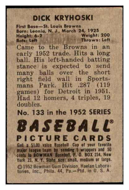 1952 Bowman Baseball #133 Dick Kryhoski Browns EX 491113