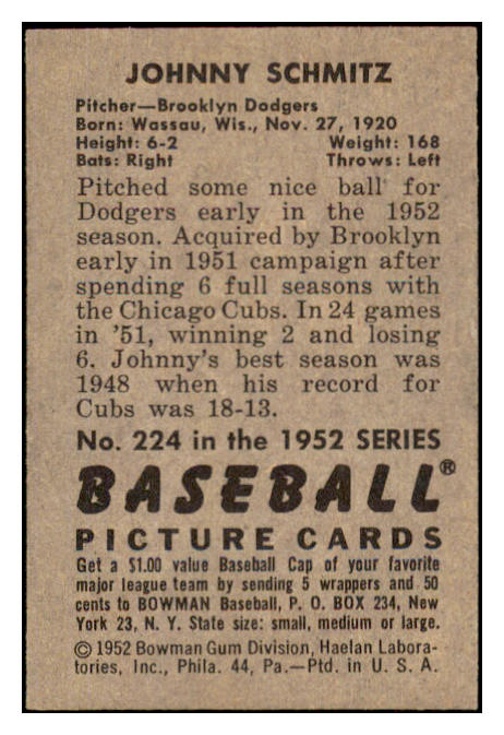 1952 Bowman Baseball #224 Johnny Schmitz Dodgers EX 491182