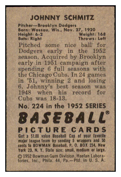 1952 Bowman Baseball #224 Johnny Schmitz Dodgers EX 491182