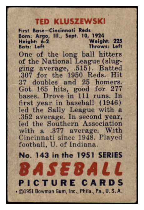 1951 Bowman Baseball #143 Ted Kluszewski Reds GD-VG 491211