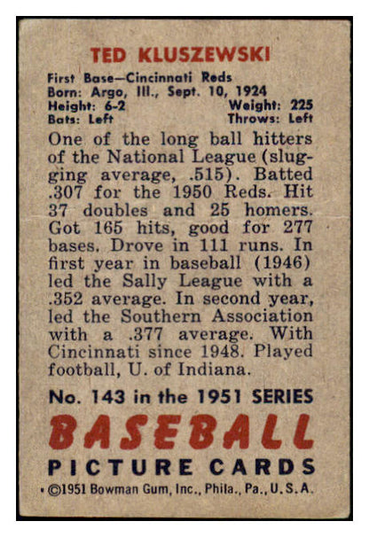 1951 Bowman Baseball #143 Ted Kluszewski Reds GD-VG 491211