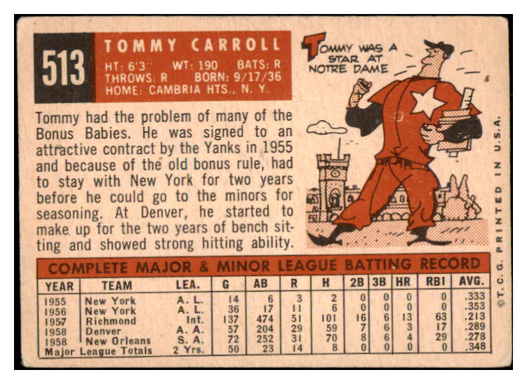 1959 Topps Baseball #513 Tommy Carroll A's VG 491318