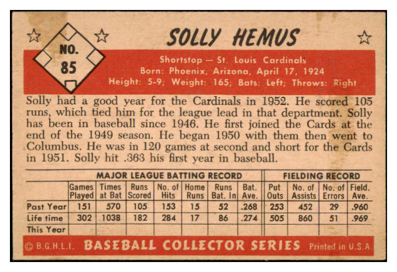 1953 Bowman Color Baseball #085 Solly Hemus Cardinals EX-MT 491571