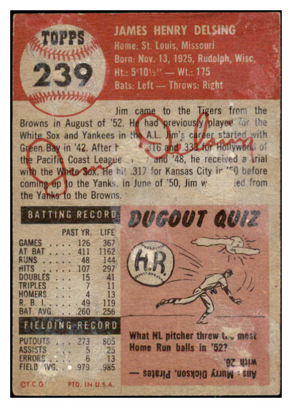 1953 Topps Baseball #239 Jim Delsing Tigers FR-GD 491623