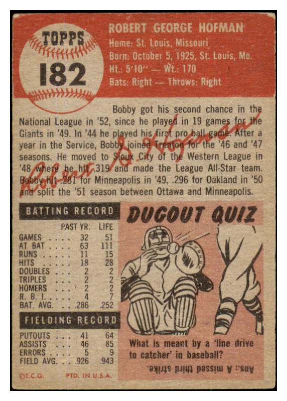 1953 Topps Baseball #182 Bobby Hofman Giants VG 491769