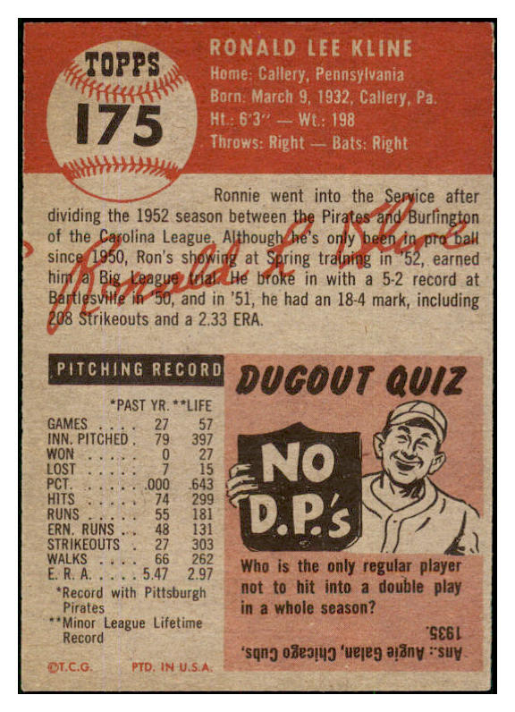 1953 Topps Baseball #175 Ron Kline Pirates VG 491776
