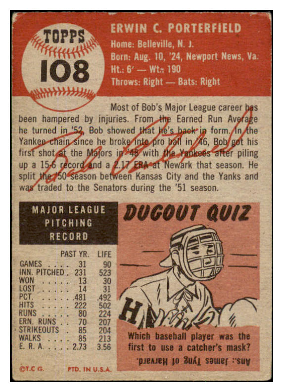 1953 Topps Baseball #108 Bob Porterfield Senators GD-VG 491820