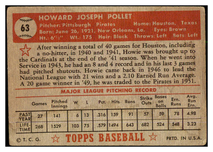 1952 Topps Baseball #063 Howie Pollet Pirates GD-VG Red 491910