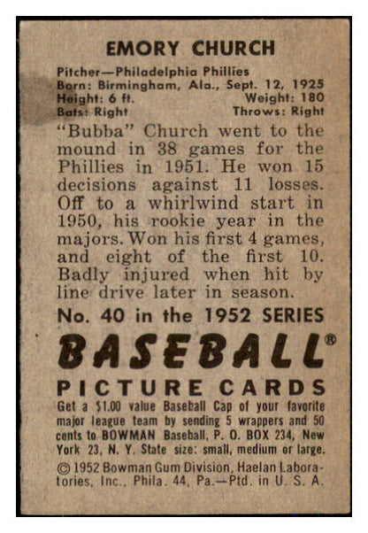 1952 Bowman Baseball #040 Bubba Church Phillies EX-MT 491971
