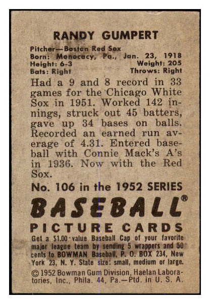 1952 Bowman Baseball #106 Randy Gumpert Red Sox NR-MT 492021