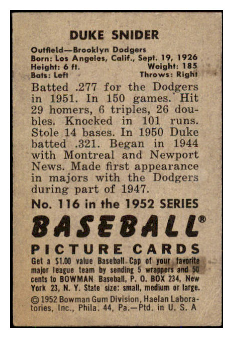 1952 Bowman Baseball #116 Duke Snider Dodgers EX 492032