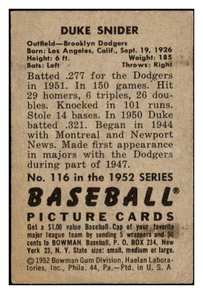 1952 Bowman Baseball #116 Duke Snider Dodgers EX 492032