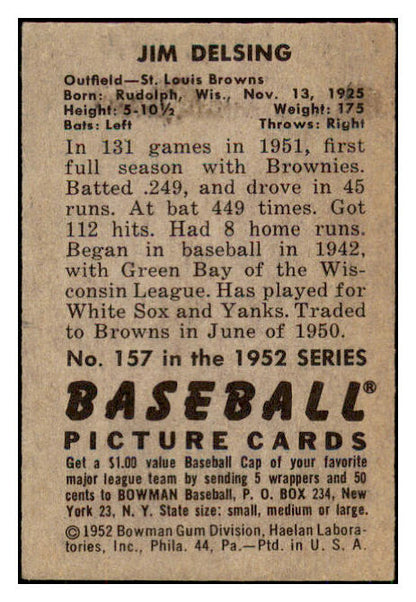 1952 Bowman Baseball #157 Jim Delsing Browns NR-MT 492077