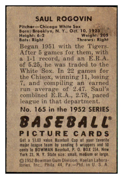 1952 Bowman Baseball #165 Saul Rogovin White Sox EX 492085