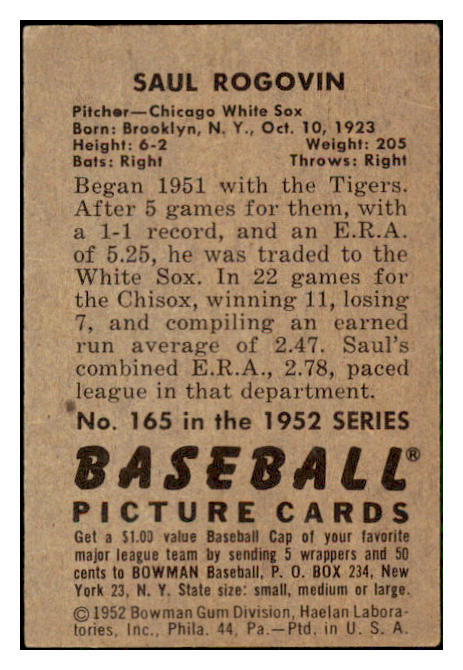 1952 Bowman Baseball #165 Saul Rogovin White Sox VG-EX 492086