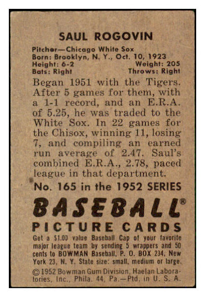 1952 Bowman Baseball #165 Saul Rogovin White Sox VG-EX 492086