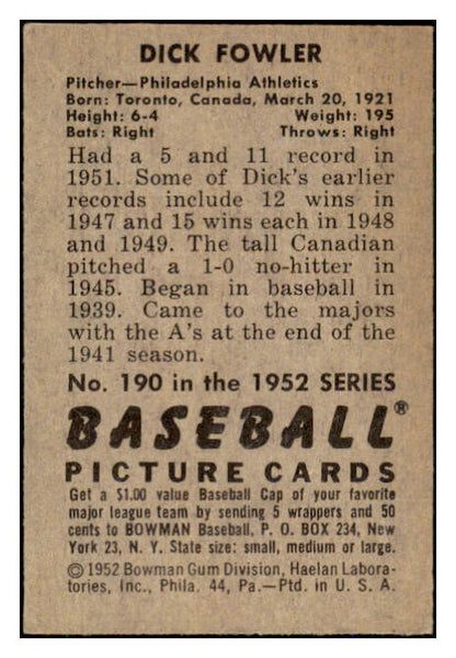 1952 Bowman Baseball #190 Dick Fowler A's EX 492112
