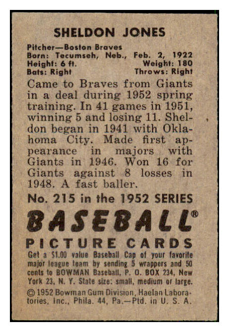 1952 Bowman Baseball #215 Sheldon Jones Braves EX 492155