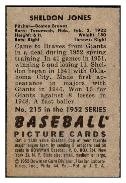 1952 Bowman Baseball #215 Sheldon Jones Braves EX 492155