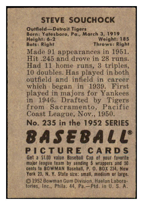 1952 Bowman Baseball #235 Steve Souchock Tigers EX-MT 492170