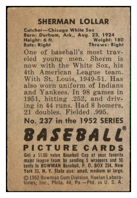 1952 Bowman Baseball #237 Sherm Lollar White Sox EX-MT 492171