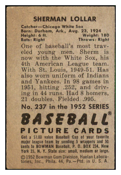 1952 Bowman Baseball #237 Sherm Lollar White Sox EX-MT 492171