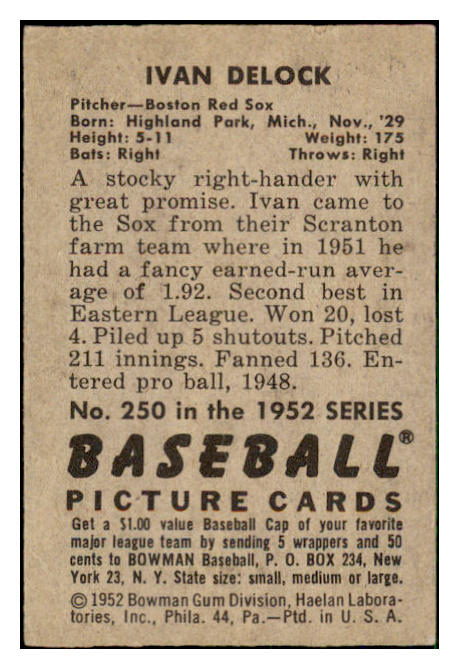 1952 Bowman Baseball #250 Ike Delock Red Sox EX-MT 492179