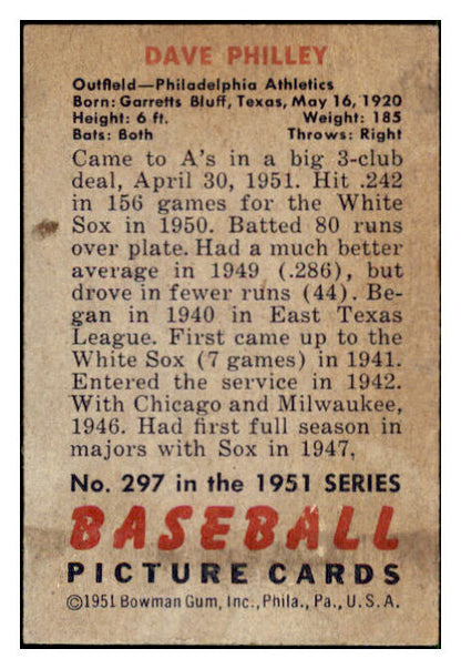 1951 Bowman Baseball #297 Dave Philley A's VG-EX 492190