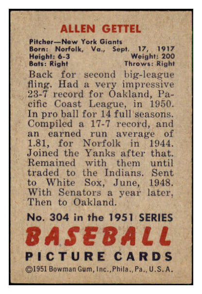 1951 Bowman Baseball #304 Allen Gettel Giants EX-MT 492193