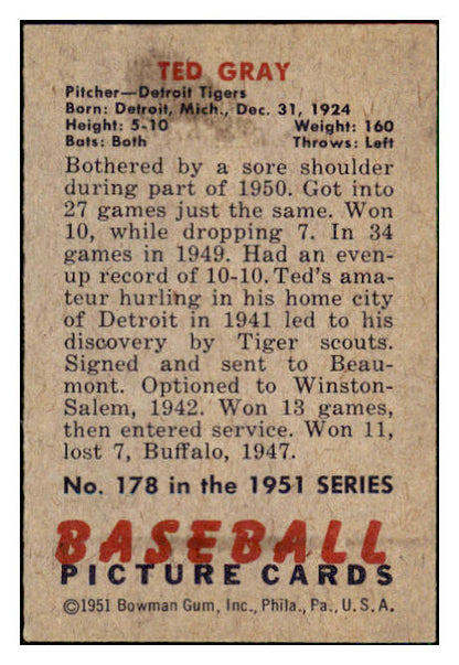 1951 Bowman Baseball #178 Ted Gray Tigers EX-MT 492201