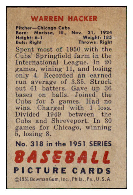 1951 Bowman Baseball #318 Warren Hacker Cubs VG-EX 492206