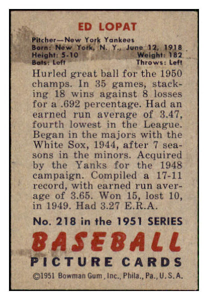1951 Bowman Baseball #218 Eddie Lopat Yankees EX+/EX-MT 492221