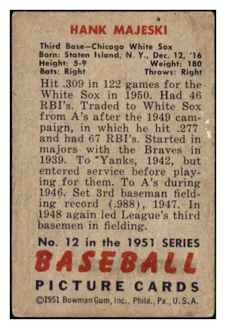 1951 Bowman Football #012 Hank Majeski White Sox GD-VG 492514