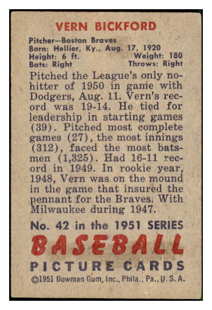 1951 Bowman Baseball #042 Vern Bickford Braves EX-MT 492537