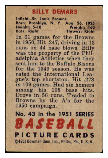 1951 Bowman Baseball #043 Billy Demars Browns VG-EX 492538