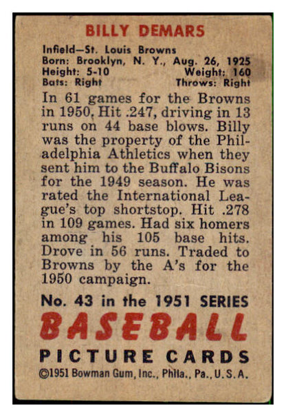 1951 Bowman Baseball #043 Billy Demars Browns VG-EX 492538