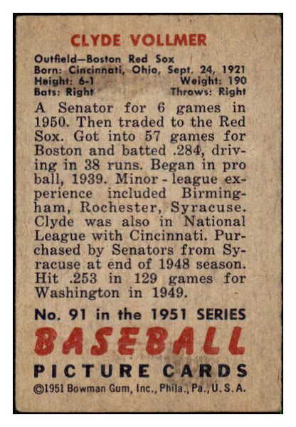 1951 Bowman Baseball #091 Clyde Vollmer Red Sox VG-EX 492578