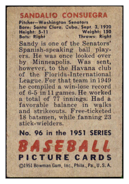1951 Bowman Baseball #096 Sandy Consuegra Senators VG-EX 492583