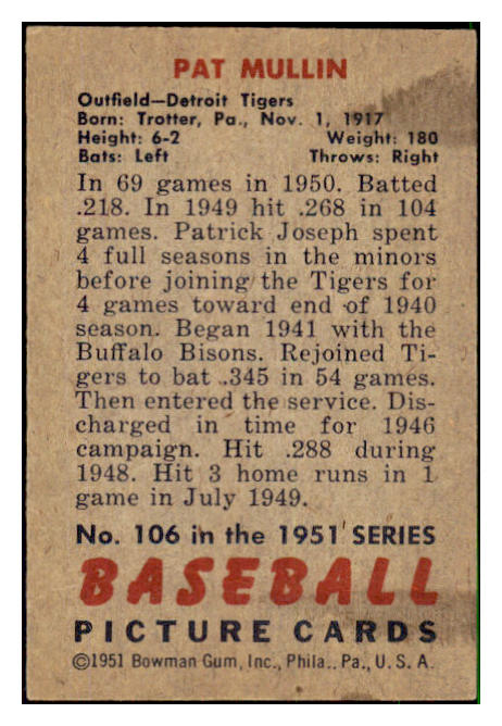1951 Bowman Baseball #106 Pat Mullin Tigers EX-MT 492593