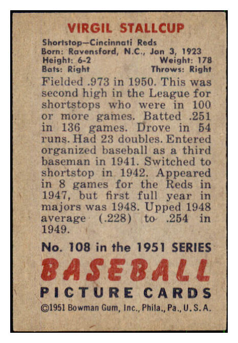 1951 Bowman Baseball #108 Virgil Stallcup Reds EX 492595