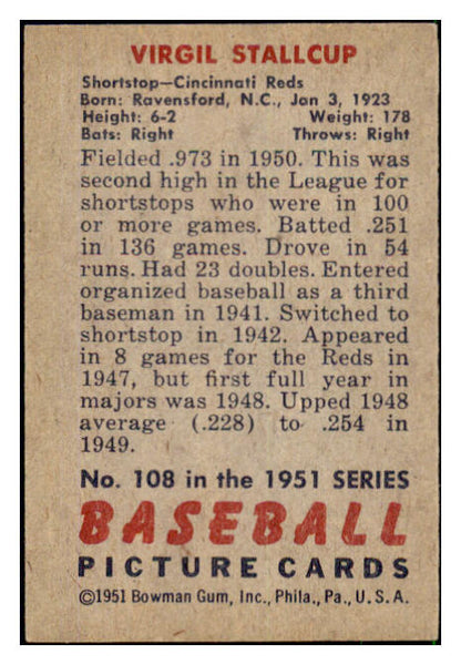 1951 Bowman Baseball #108 Virgil Stallcup Reds EX 492595