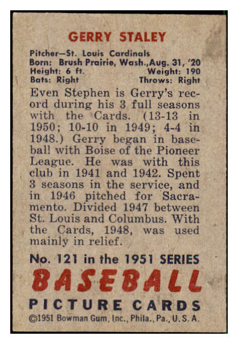1951 Bowman Baseball #121 Gerry Staley Cardinals EX-MT 492607