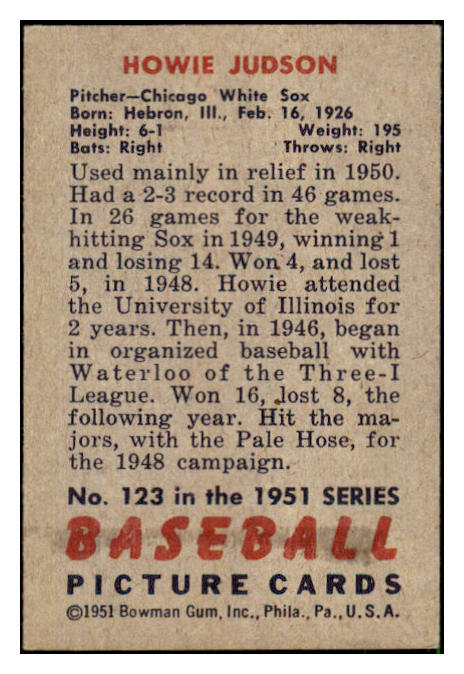 1951 Bowman Baseball #123 Howie Judson White Sox EX 492608