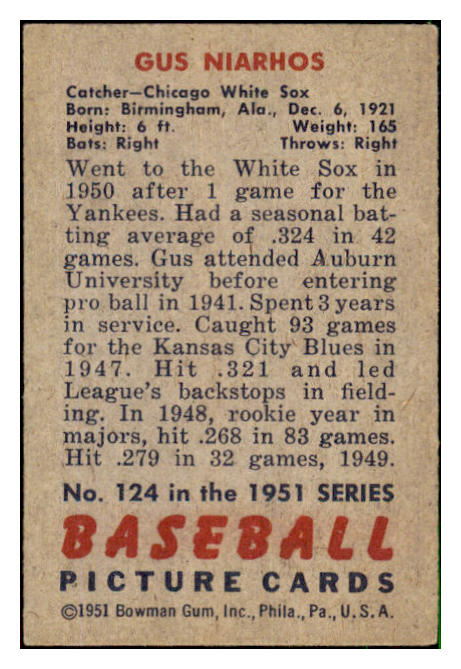 1951 Bowman Baseball #124 Gus Niarhos White Sox VG-EX 492609